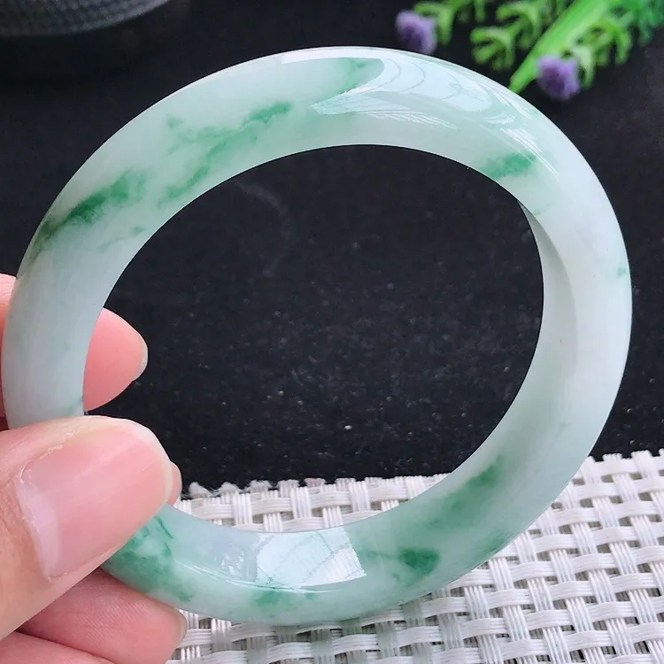 自然光55.5/14.6/8.6老坑冰润起胶飘花手镯翡翠玉镯收藏小圈口美人镯