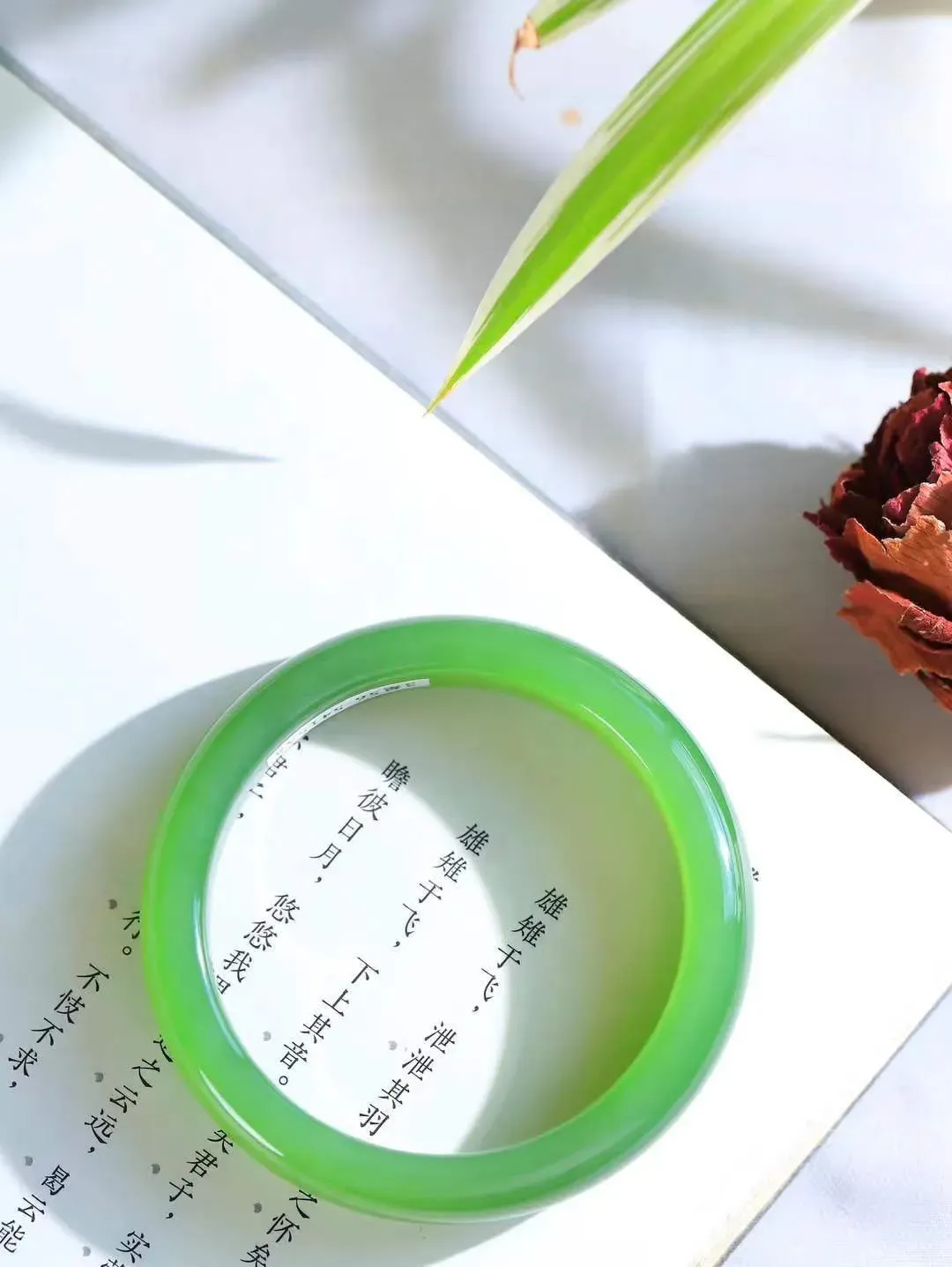 【悠悠芳华.镯】

典藏级臻品和田玉碧玉手镯 玉质温润 青葱岁月，尽收腕中，婉转流畅，凝岁月悠长。盈一眸恬淡，挽一抹绿意。重54.3克 内径56mm尺寸12.8-8.5mm8670349T