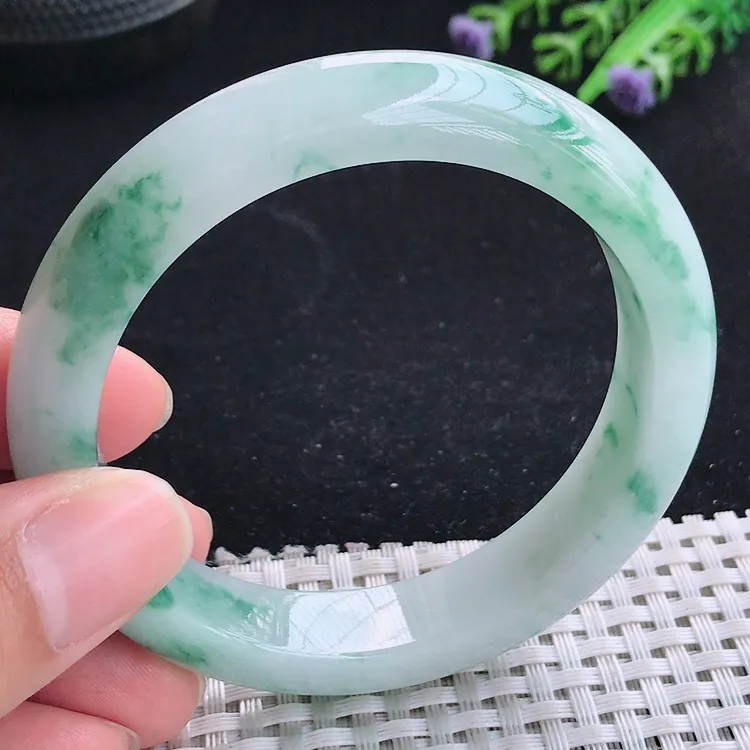自然光55.5/14.6/8.6老坑冰润起胶飘花手镯翡翠玉镯收藏小圈口美人镯