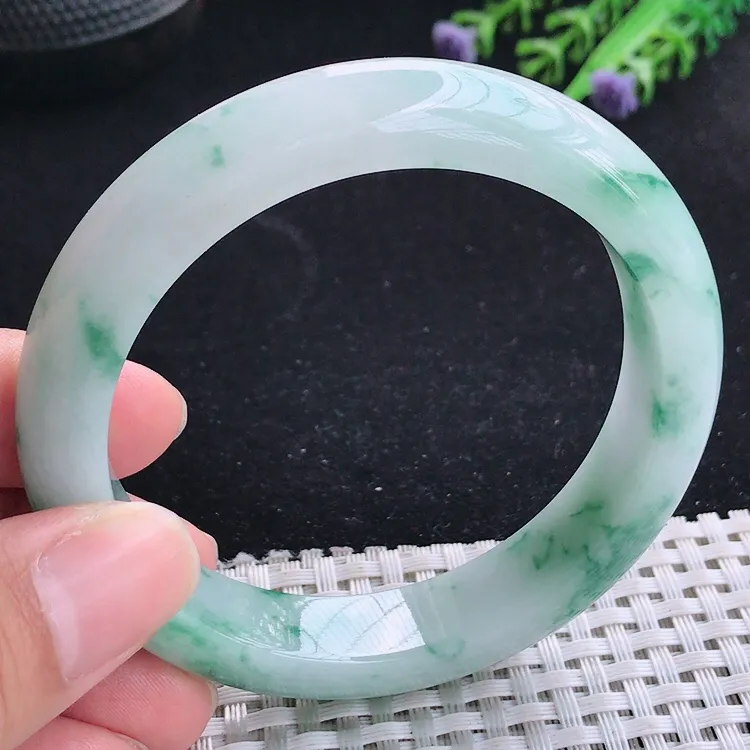 自然光55.5/14.6/8.6老坑冰润起胶飘花手镯翡翠玉镯收藏小圈口美人镯