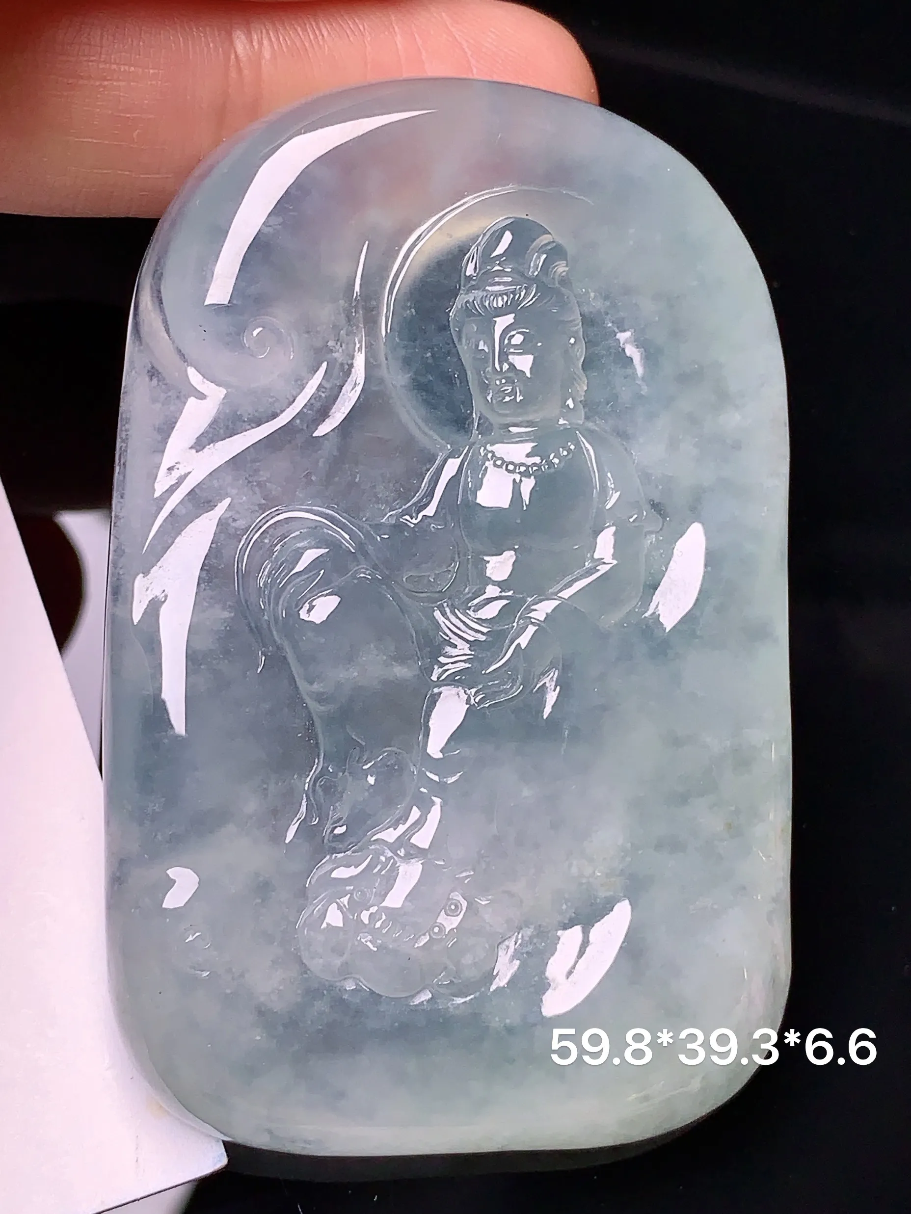 冰种文殊观音菩萨吊坠 玉质细腻 色泽艳丽 整体尺寸59.8*39.3*6.6