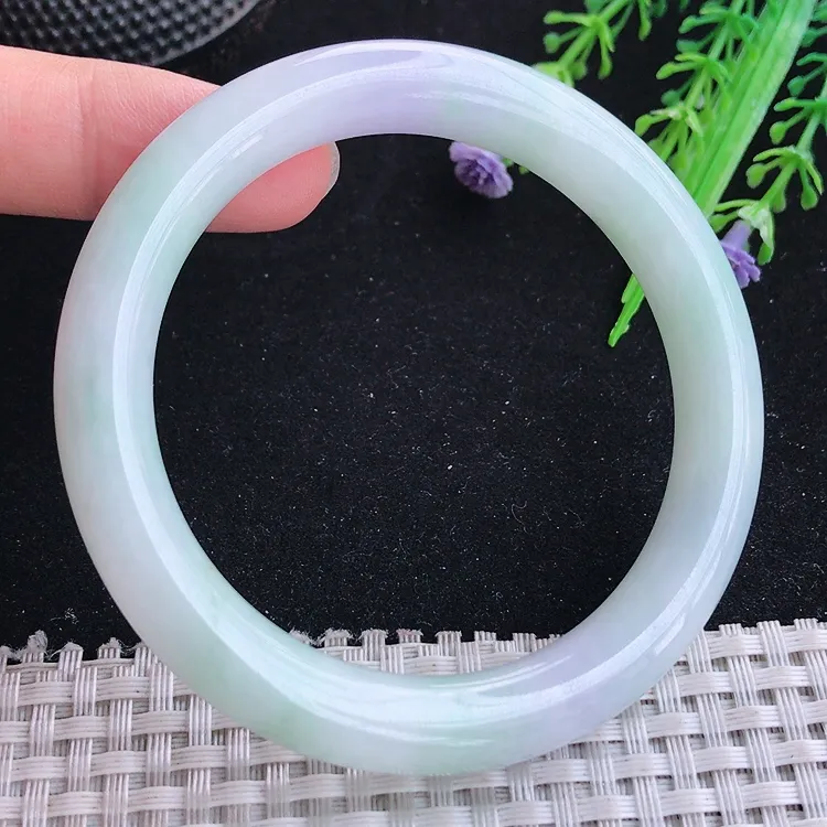 自然光57/9.4老坑秀气冰润飘紫圆条手镯翡翠玉镯美人镯