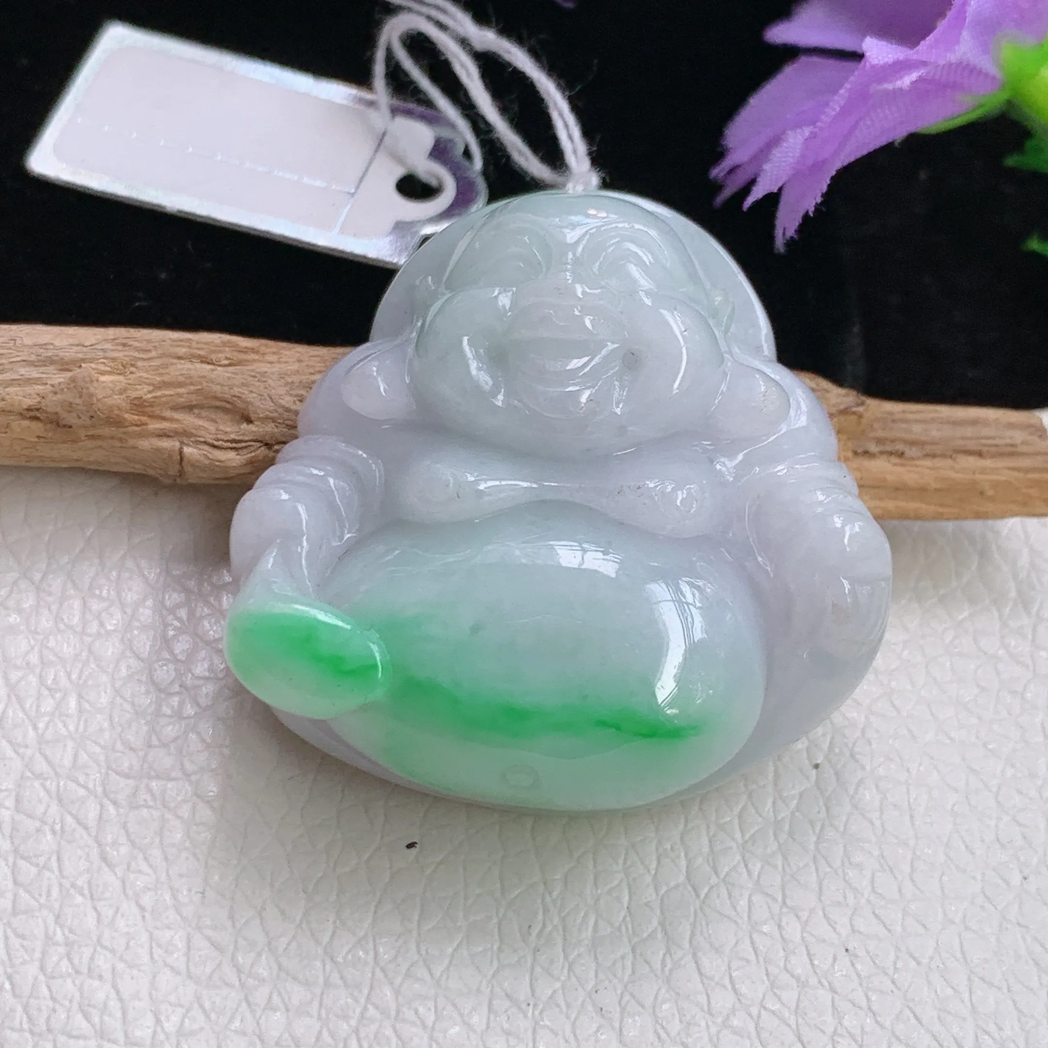 zen实拍35*35.5*12.5缅甸翡翠飘绿大佛公吊坠 白底青大肚弥勒佛玉坠