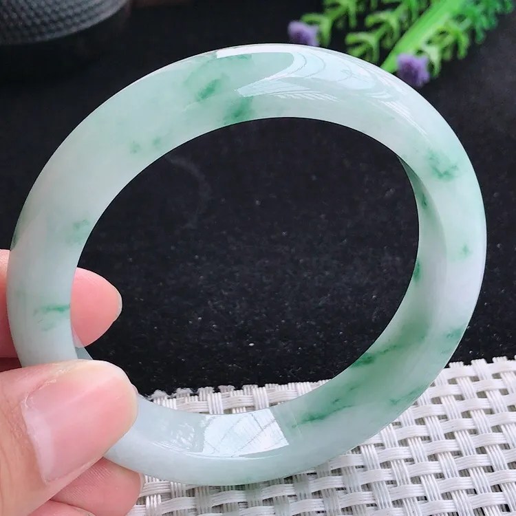 自然光55.5/14.6/8.6老坑冰润起胶飘花手镯翡翠玉镯收藏小圈口美人镯