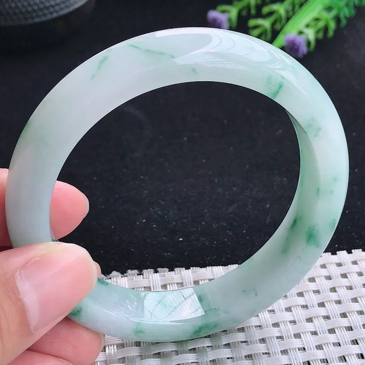 自然光55.5/14.6/8.6老坑冰润起胶飘花手镯翡翠玉镯收藏小圈口美人镯