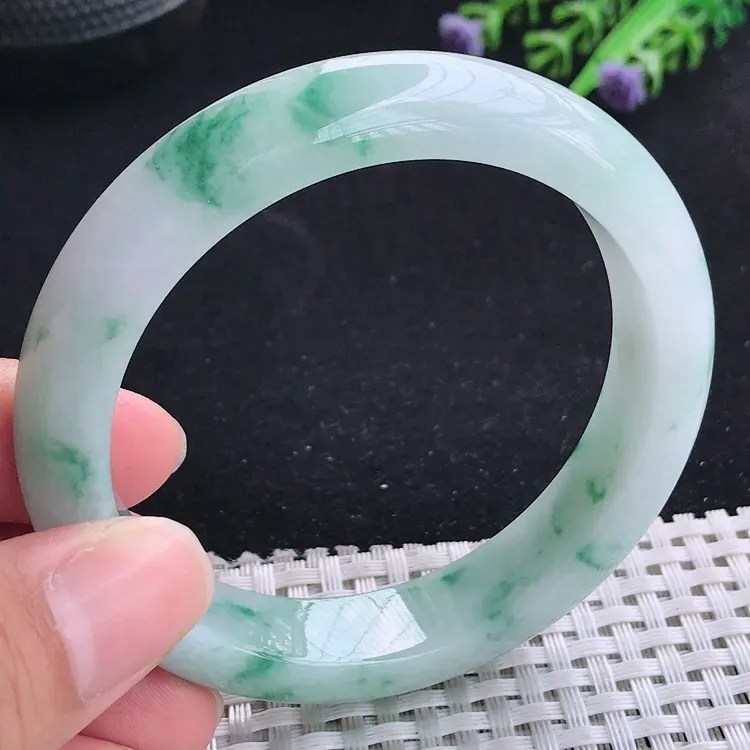 自然光55.5/14.6/8.6老坑冰润起胶飘花手镯翡翠玉镯收藏小圈口美人镯