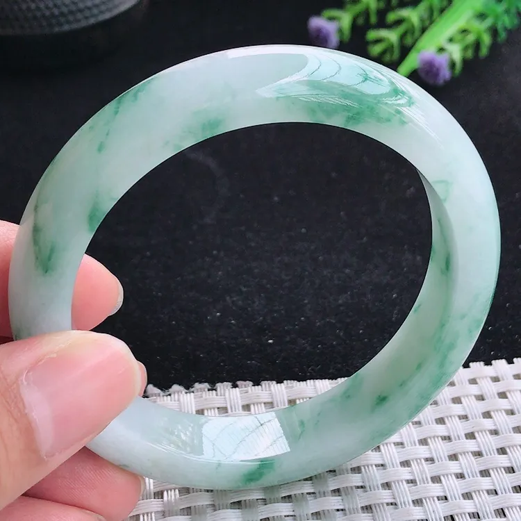 自然光55.5/14.6/8.6老坑冰润起胶飘花手镯翡翠玉镯收藏小圈口美人镯