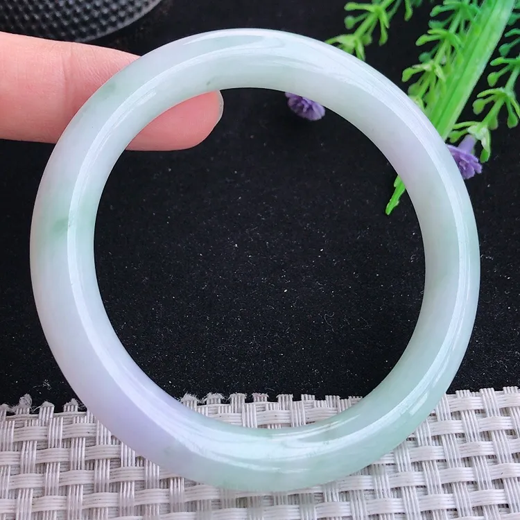 自然光57/9.4老坑秀气冰润飘紫圆条手镯翡翠玉镯美人镯