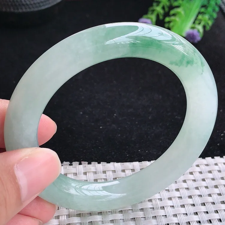 自然光54.5/10.5/10.9老坑冰胶水灵飘花胖圆条手镯翡翠玉镯美人镯