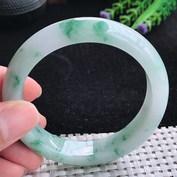 自然光55.5/14.6/8.6老坑冰润起胶飘花手镯翡翠玉镯收藏小圈口美人镯