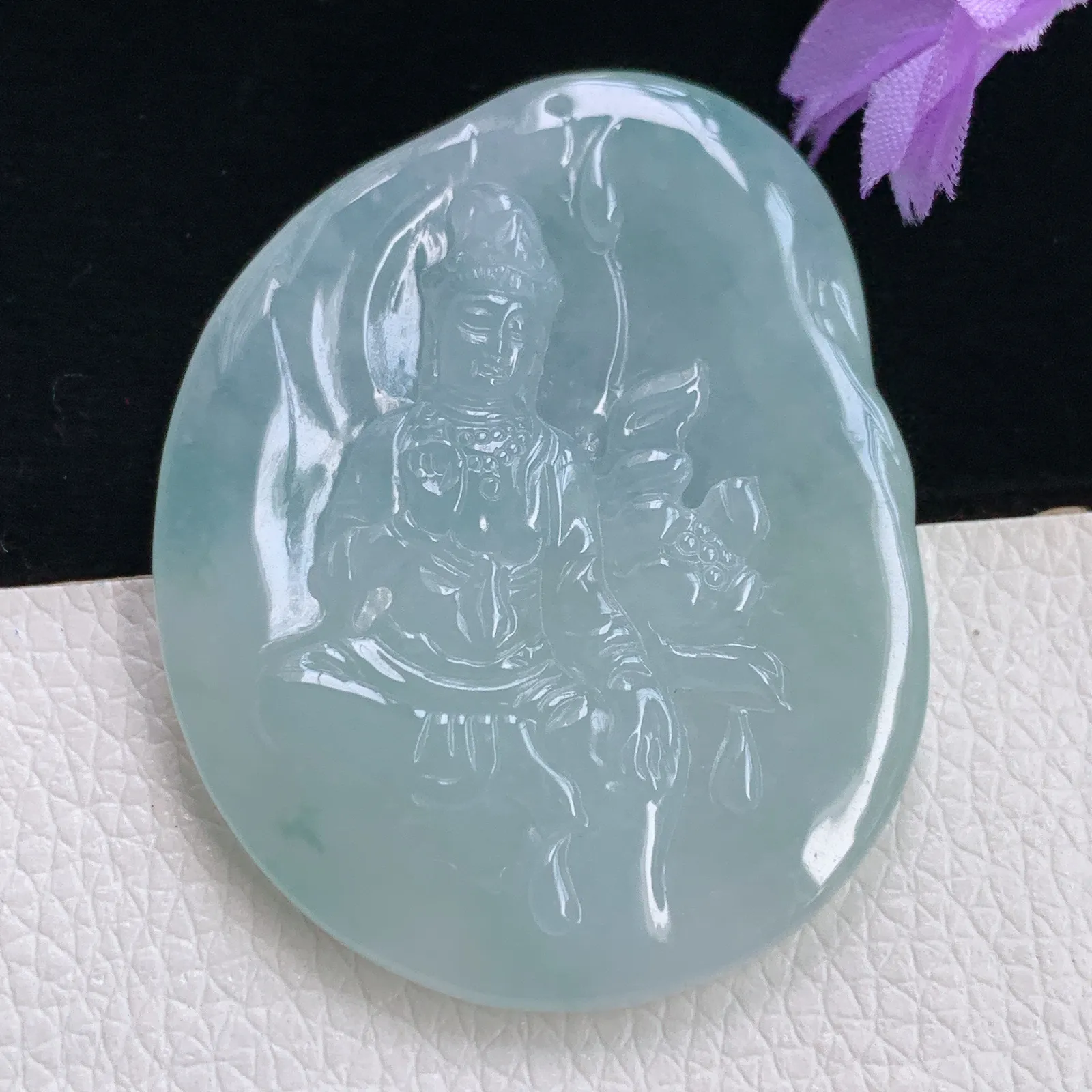 zen实拍49.3*39*6老坑精雕冰胶翡翠持莲观音 玉观音玉吊坠 玉挂件
