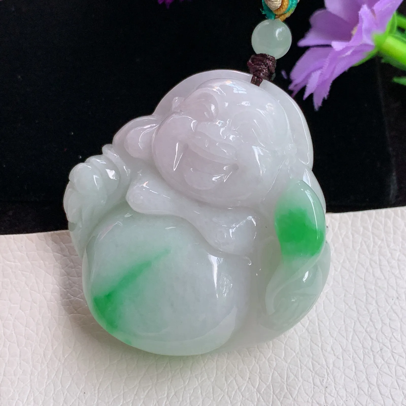 zen实拍47.8*45.8*12.8老坑精雕饱满飘绿花翡翠佛公 开心佛玉吊坠 玉挂件