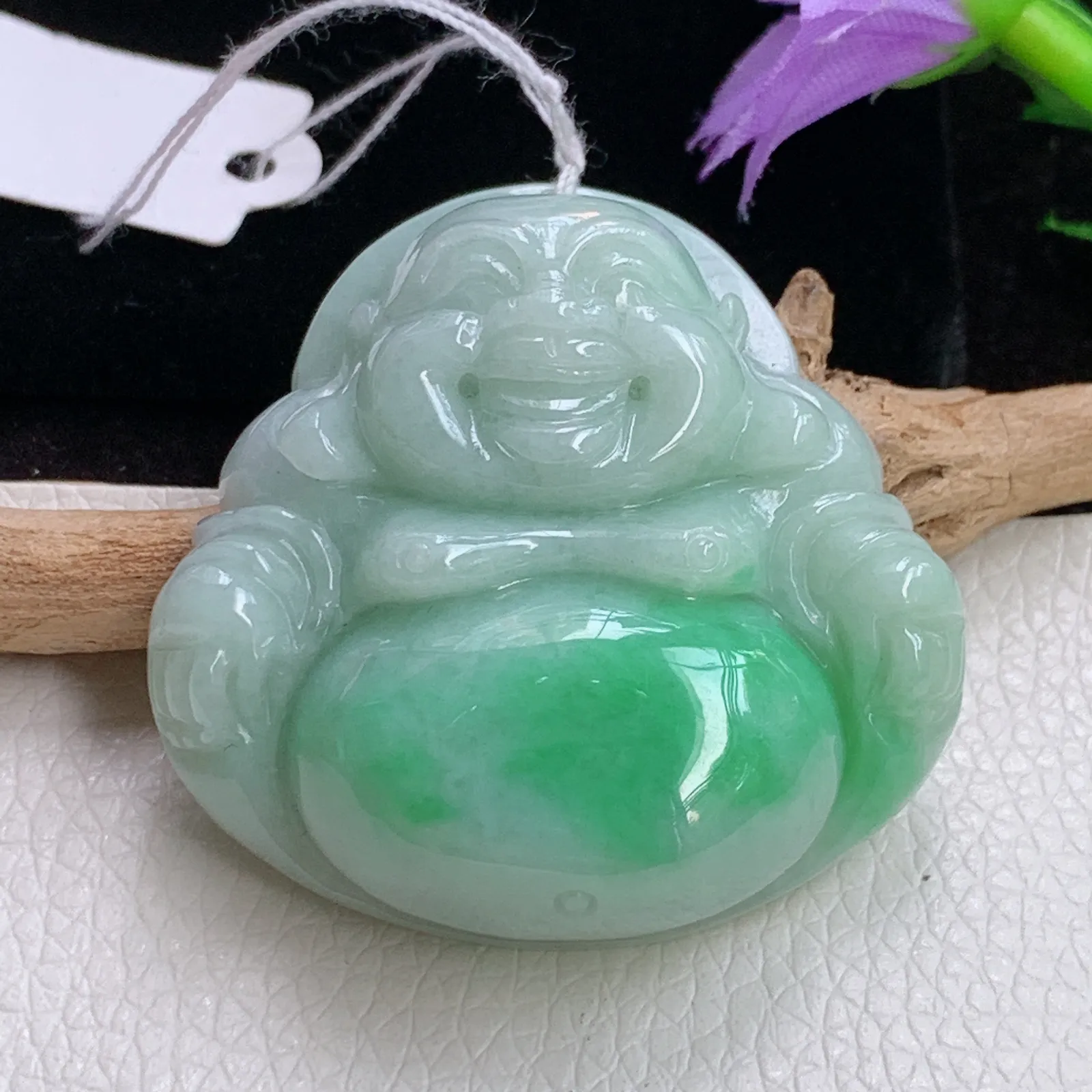 zen实拍39.5*40.3*12.5老坑精雕饱满辣绿翡翠佛公 开心佛玉吊坠 玉挂件