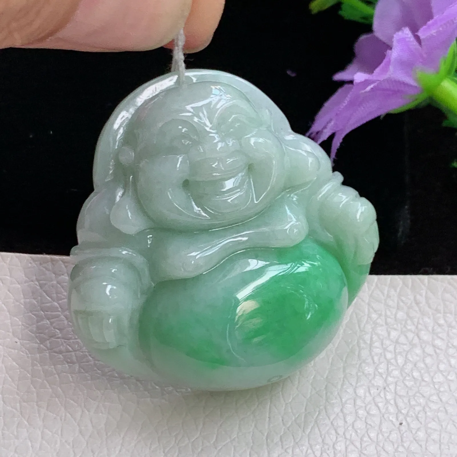 zen实拍39.5*40.3*12.5老坑精雕饱满辣绿翡翠佛公 开心佛玉吊坠 玉挂件
