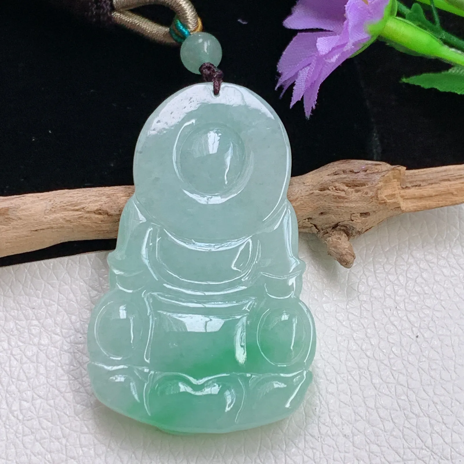 zen实拍54.5*45.8*6.3老坑精雕飘绿花正庄观音 玉观音玉坠 玉挂件