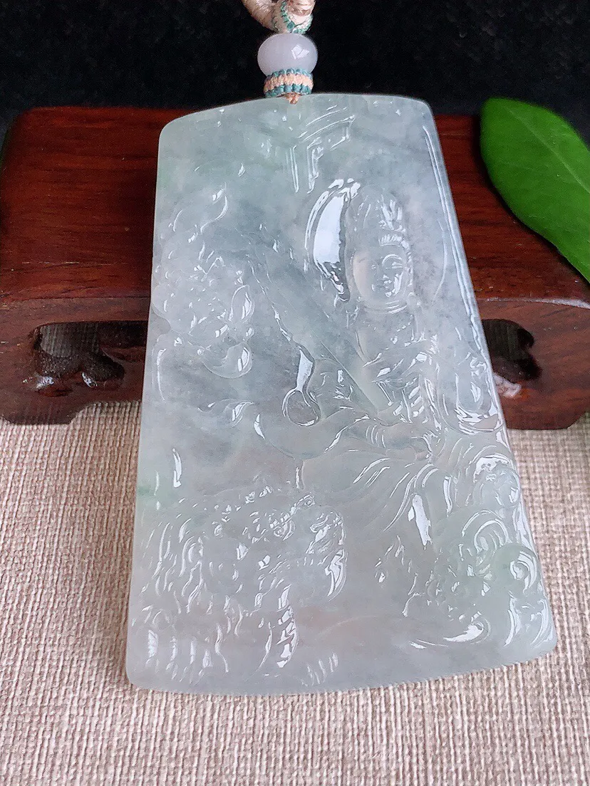a货翡翠老坑冰种文殊菩萨吊坠 尺寸72.6×49.6×5mm 重量49.75g 0704