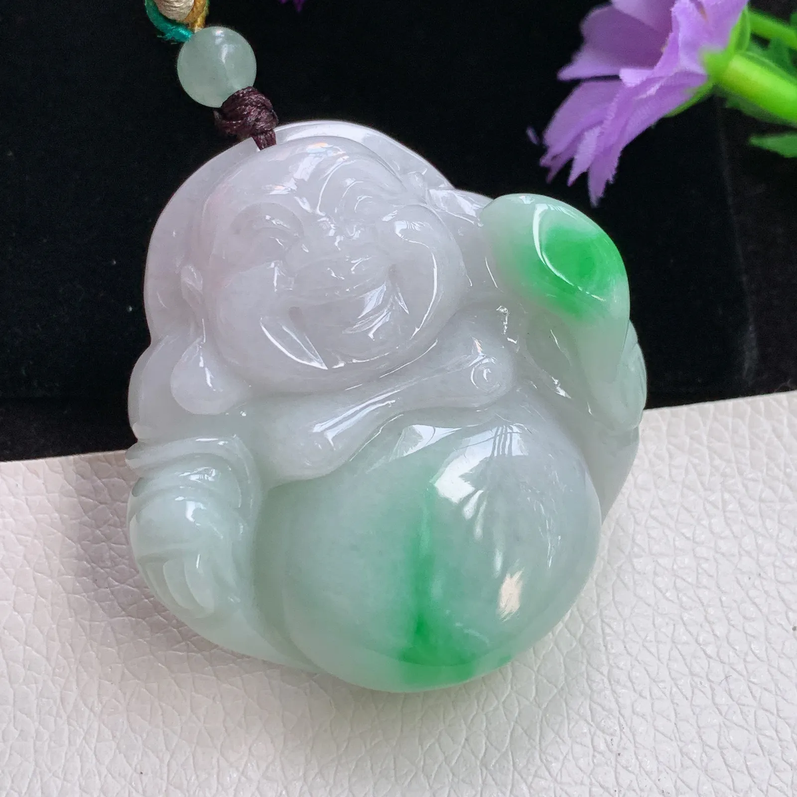 zen实拍47.8*45.8*12.8老坑精雕饱满飘绿花翡翠佛公 开心佛玉吊坠 玉挂件
