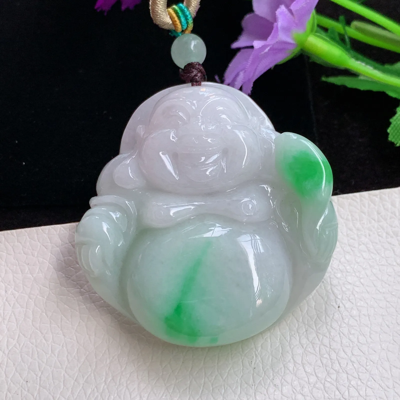 zen实拍47.8*45.8*12.8老坑精雕饱满飘绿花翡翠佛公 开心佛玉吊坠 玉挂件