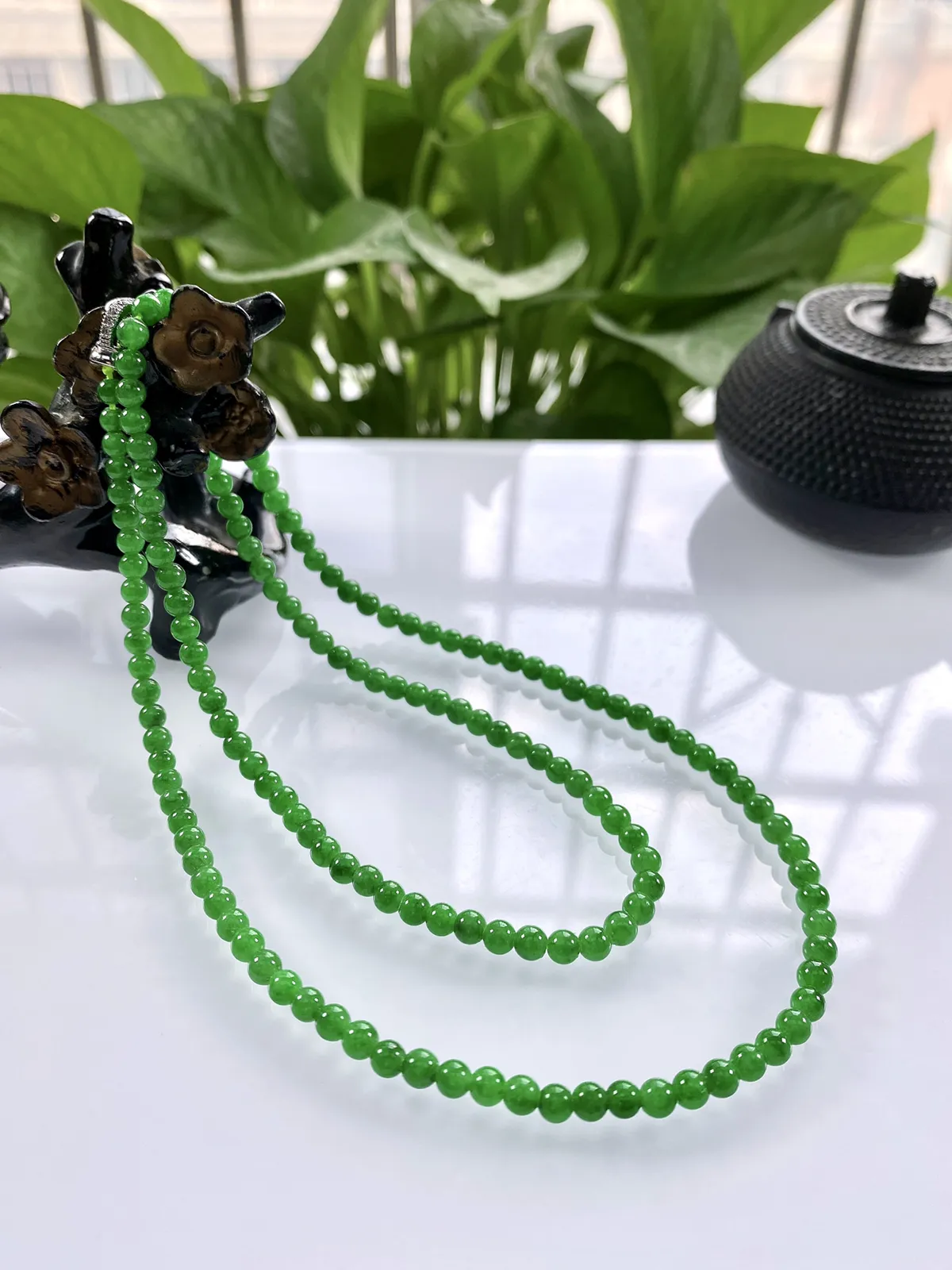 收藏级别，缅甸天然翡翠A货，卡4冰种起胶满绿浓阳绿小米珠小圆珠项链手链，尺寸：4mm//157颗，长度600mm，重量：17.10g