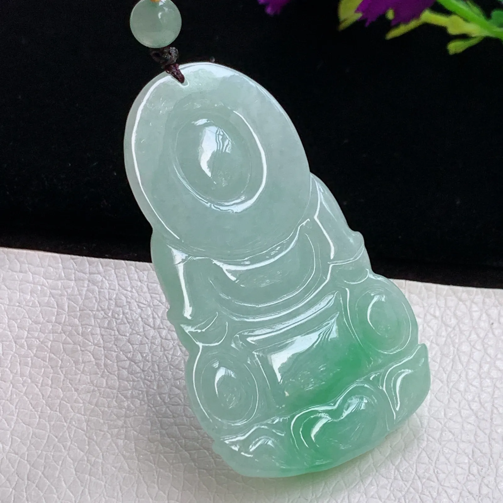 zen实拍54.5*45.8*6.3老坑精雕飘绿花正庄观音 玉观音玉吊坠 玉挂件