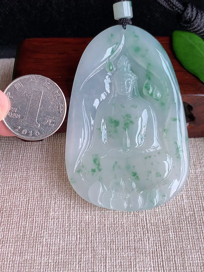 a货翡翠老坑冰种飘花观音吊坠 尺寸71×46.4×5mm 重量43.14g 0704