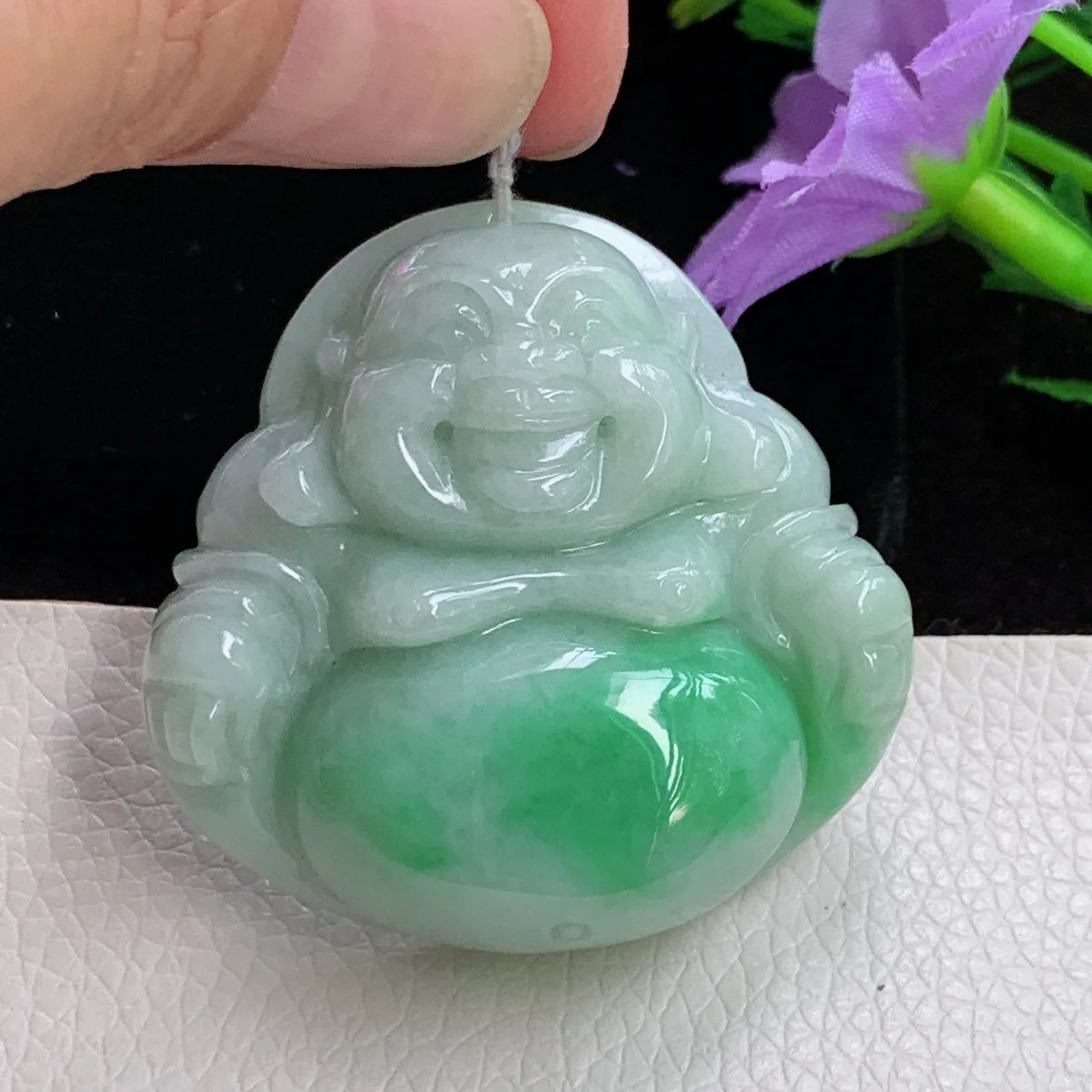 zen实拍39.5*40.3*12.5老坑精雕饱满辣绿翡翠佛公 开心佛玉吊坠 玉挂件