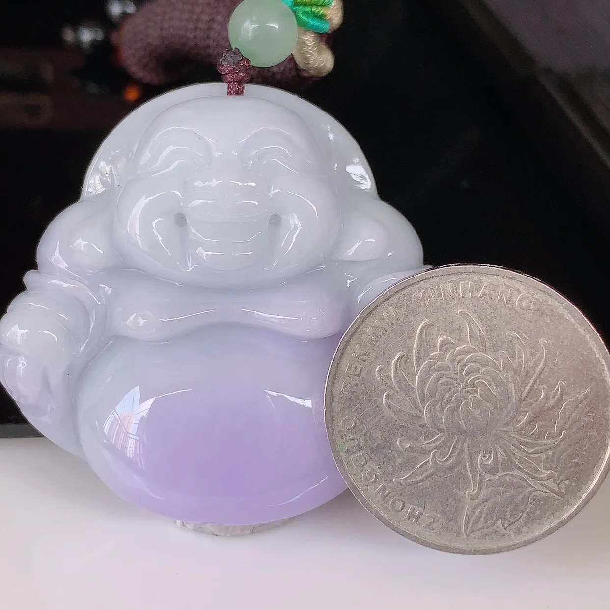 自然光实拍，大件厚装紫罗兰翡翠佛公吊坠，笑口常开，佛公在心中，一生平安幸福，佛公翠色迷人，佩戴佳品！#46.5