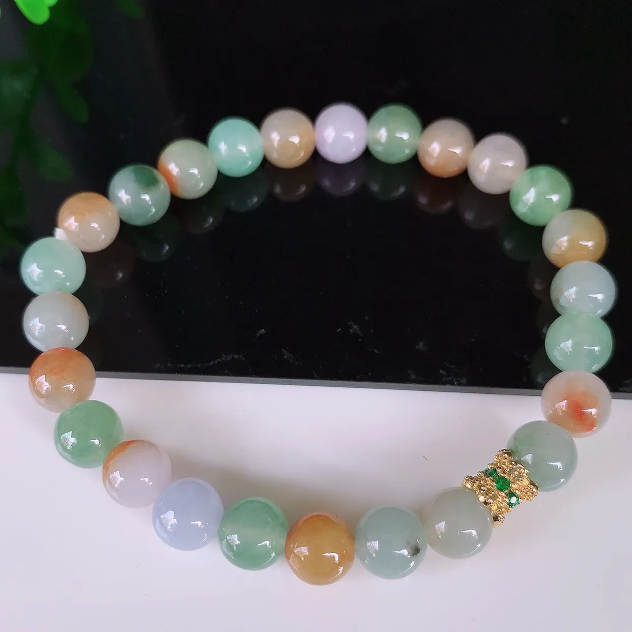 自然光实拍，冰润多彩翡翠手串手链，种老水足，冰清玉润  颜色漂亮  #46.5取一尺寸7.5