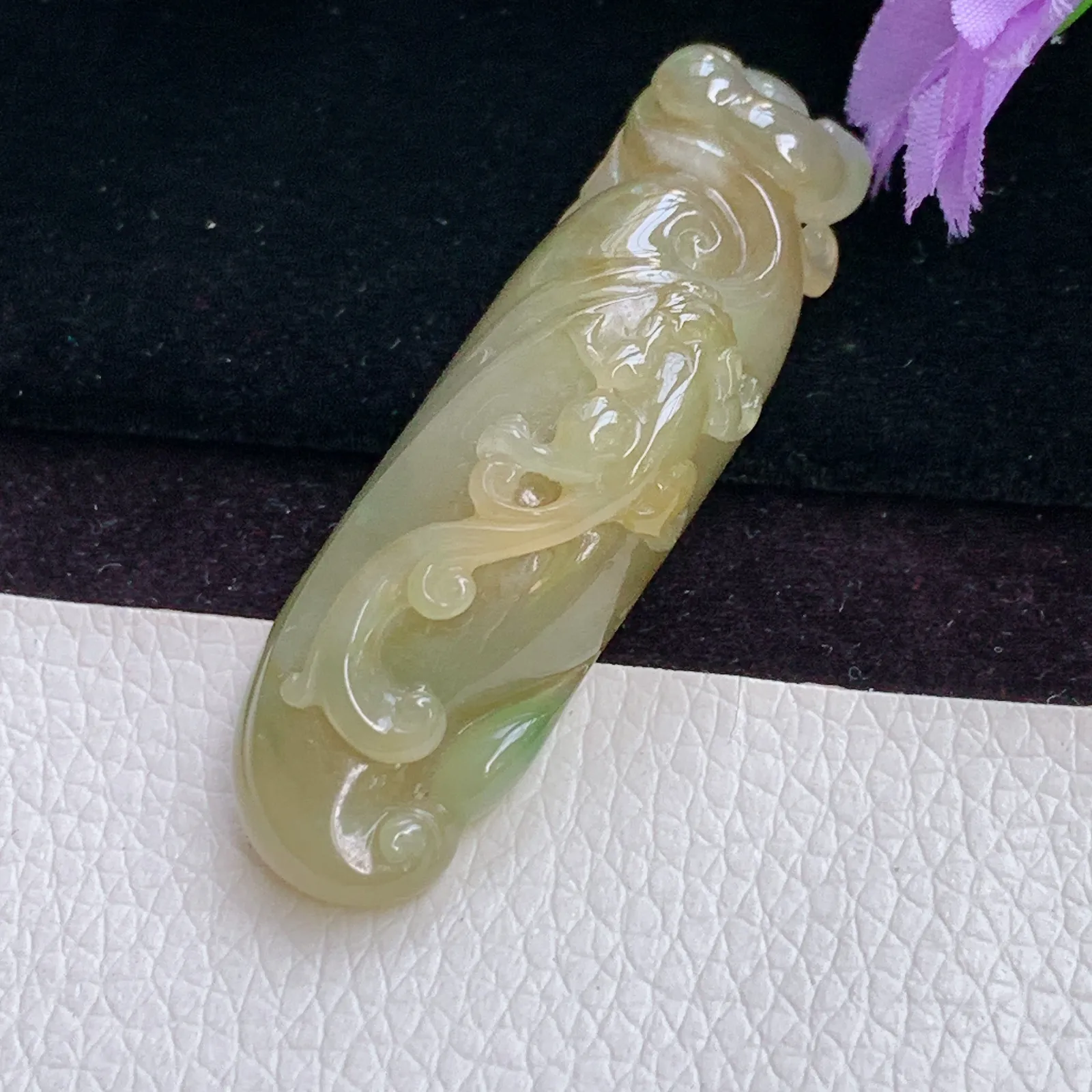 Lz实拍49.8*15*13.3翡翠A货精雕冰胶黄加绿仿古龙 生意兴隆玉吊坠