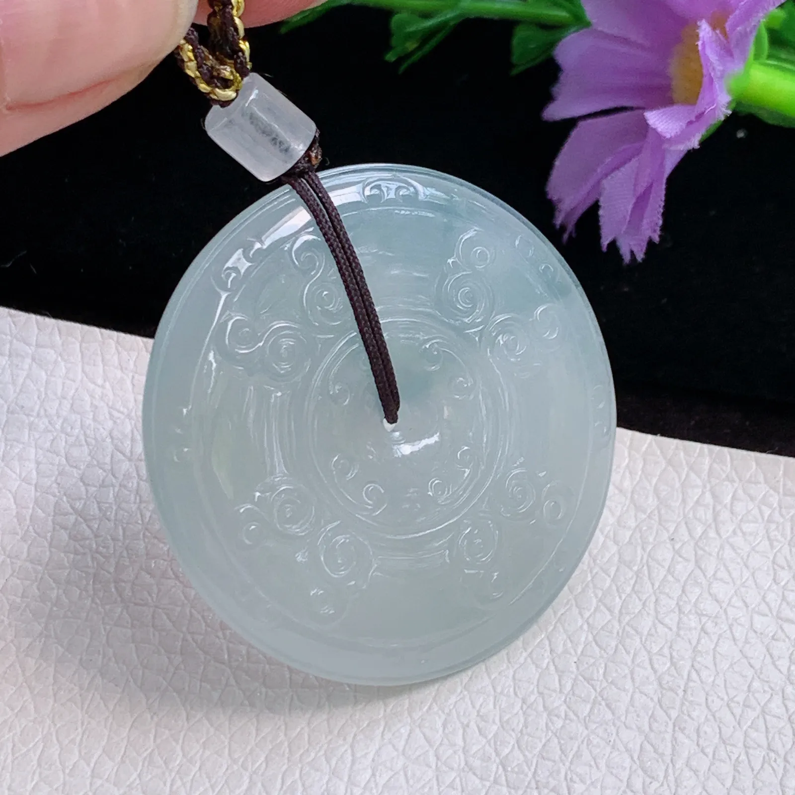 Lz实拍38*5.4翡翠A货精雕冰胶饱满仿古平安扣 玉扣玉吊坠