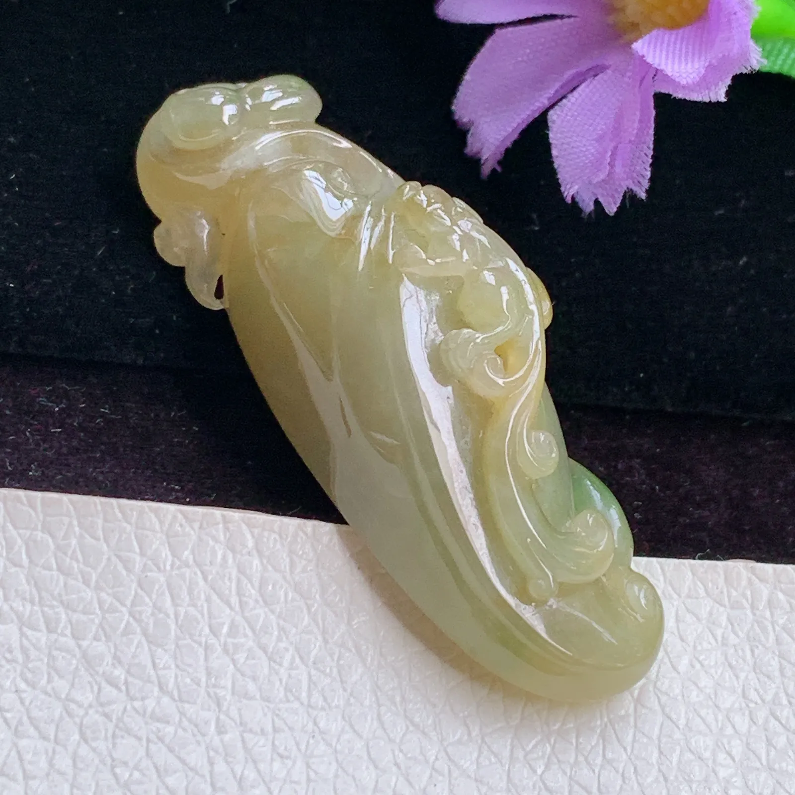 Lz实拍49.8*15*13.3翡翠A货精雕冰胶黄加绿仿古龙 生意兴隆玉吊坠
