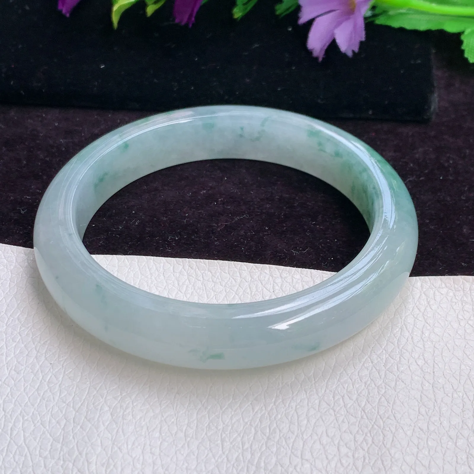 xo实拍55*11*8.6天然翡翠手镯缅甸冰飘花玉镯子正圈宽边平安镯