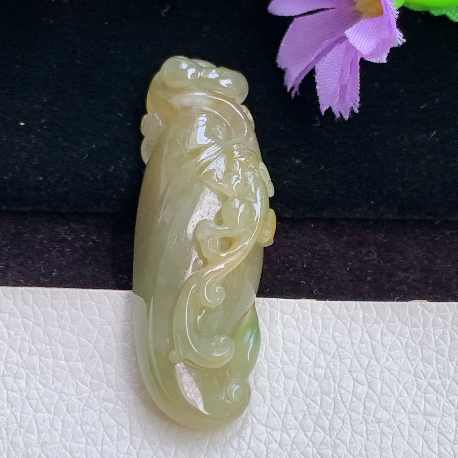 Lz实拍49.8*15*13.3翡翠A货精雕冰胶黄加绿仿古龙 生意兴隆玉吊坠