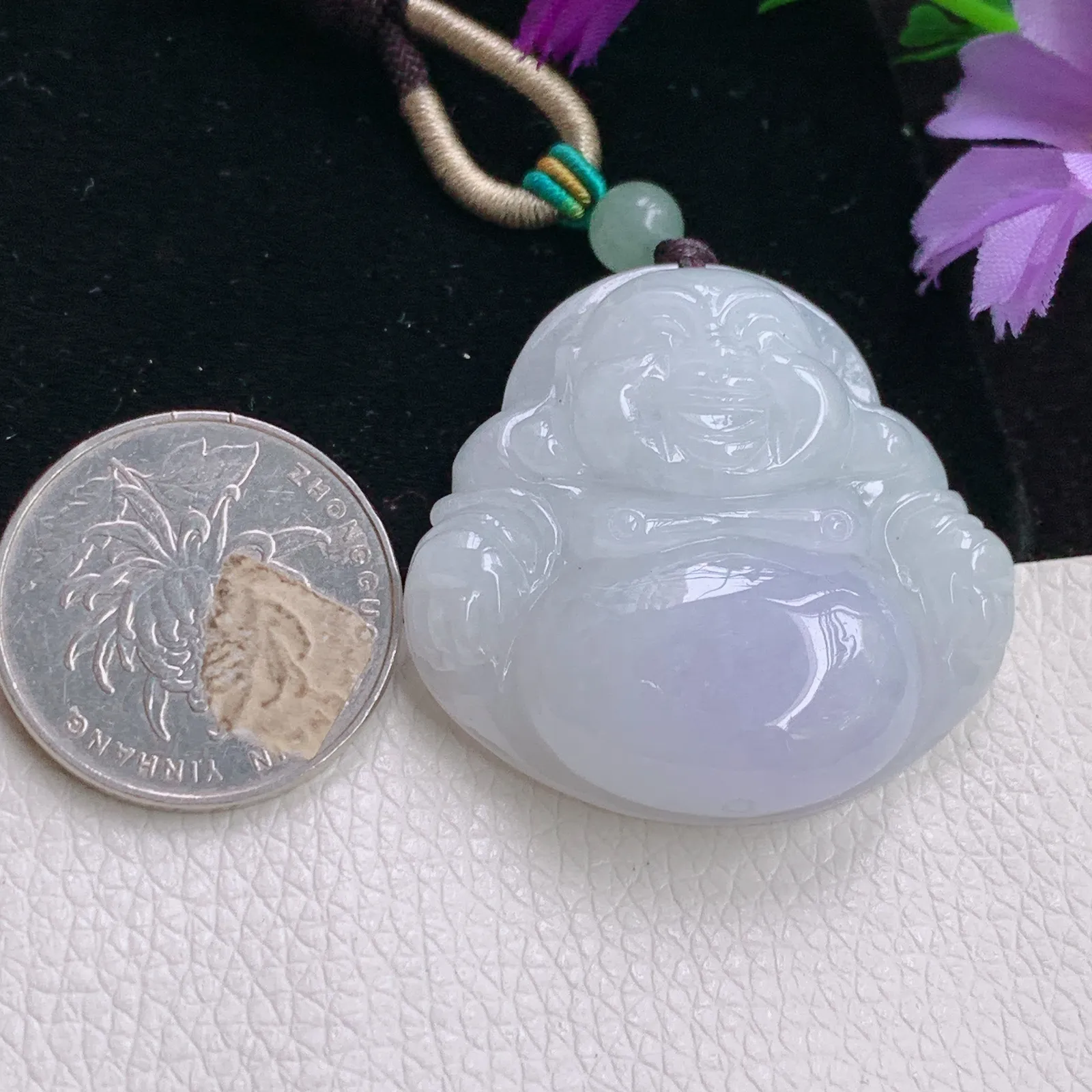 zen实拍36.8*38*10.6老坑精雕饱满紫罗兰翡翠佛公 开心佛玉吊坠 玉挂件