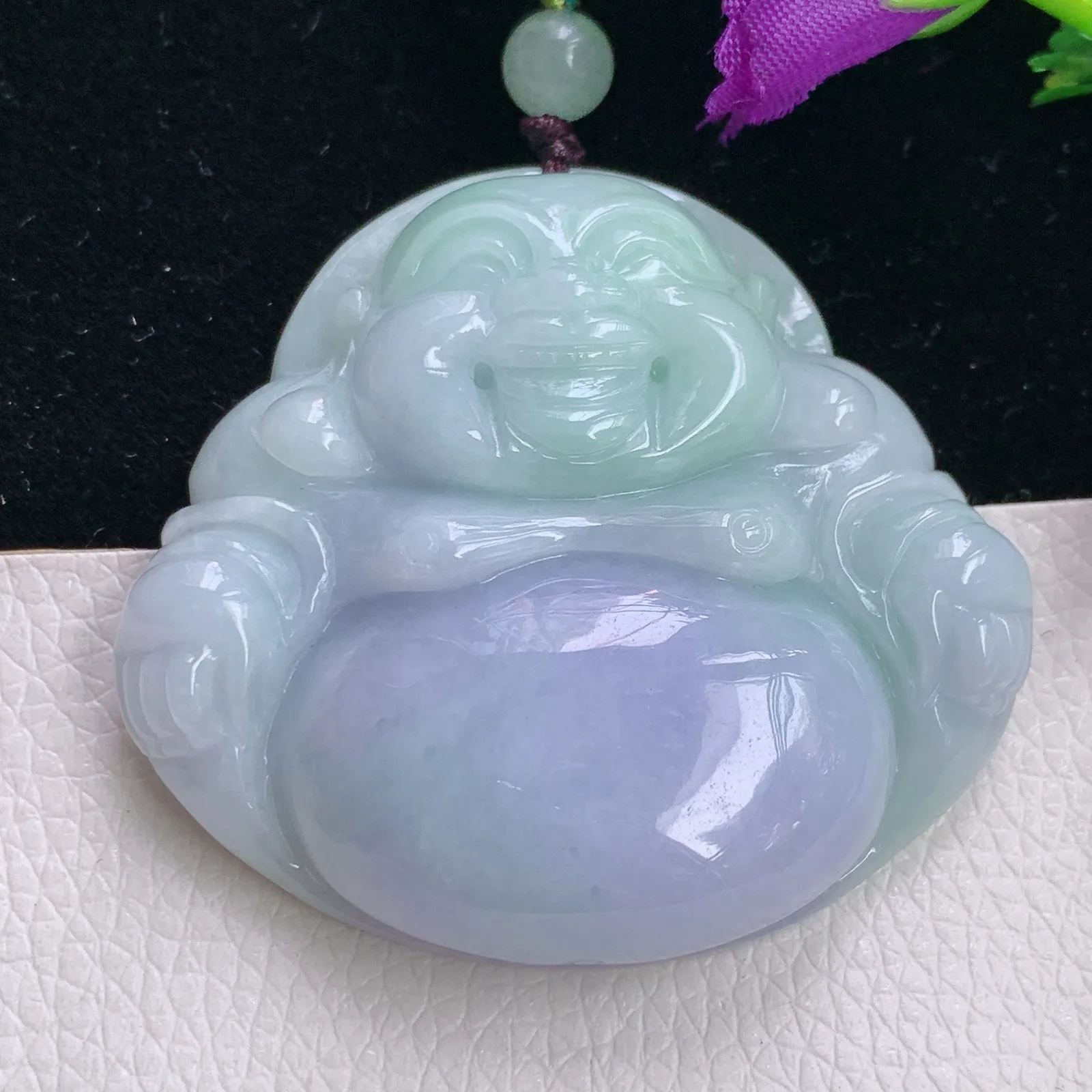 zen实拍46*49.3*12.5老坑精雕饱满春带彩翡翠佛公 尼勒佛玉吊坠 玉挂件