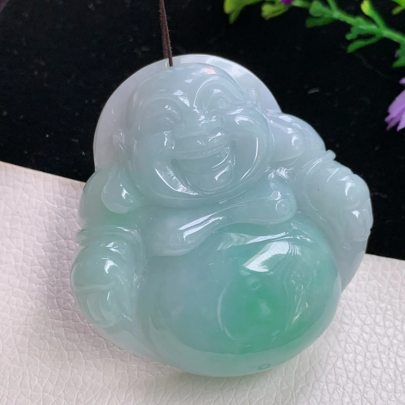 zen实拍52.8*51.5*14老坑精雕饱满飘绿翡翠大佛公 尼勒佛玉吊坠 玉挂件