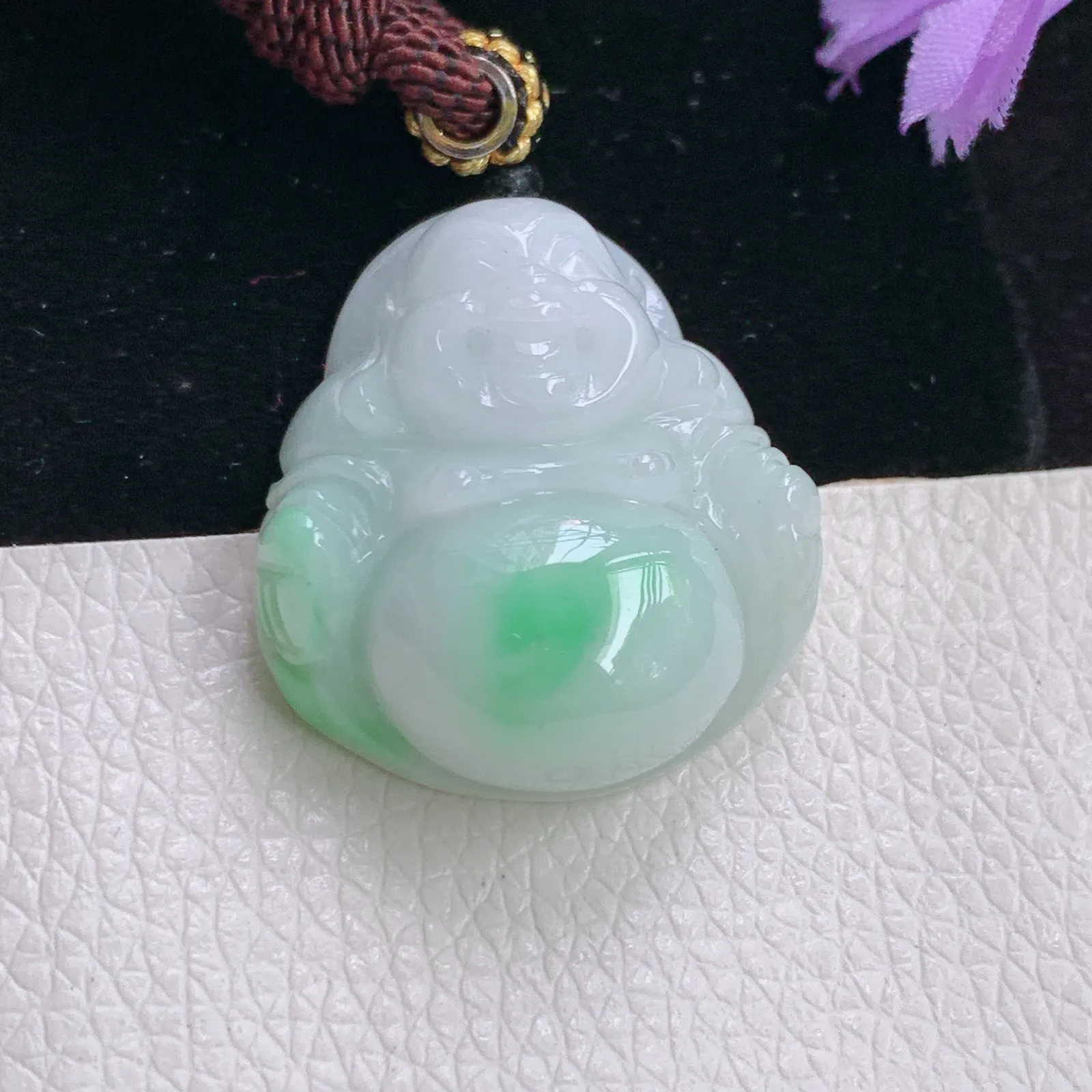 zen实拍28.6*26*12老坑精雕饱满飘绿花翡翠佛公 开心佛玉吊坠 玉挂件