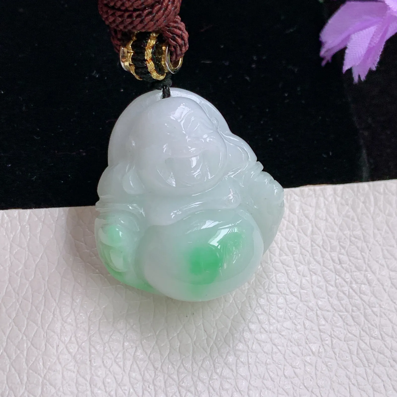 zen实拍28.6*26*12老坑精雕饱满飘绿花翡翠佛公 开心佛玉吊坠 玉挂件