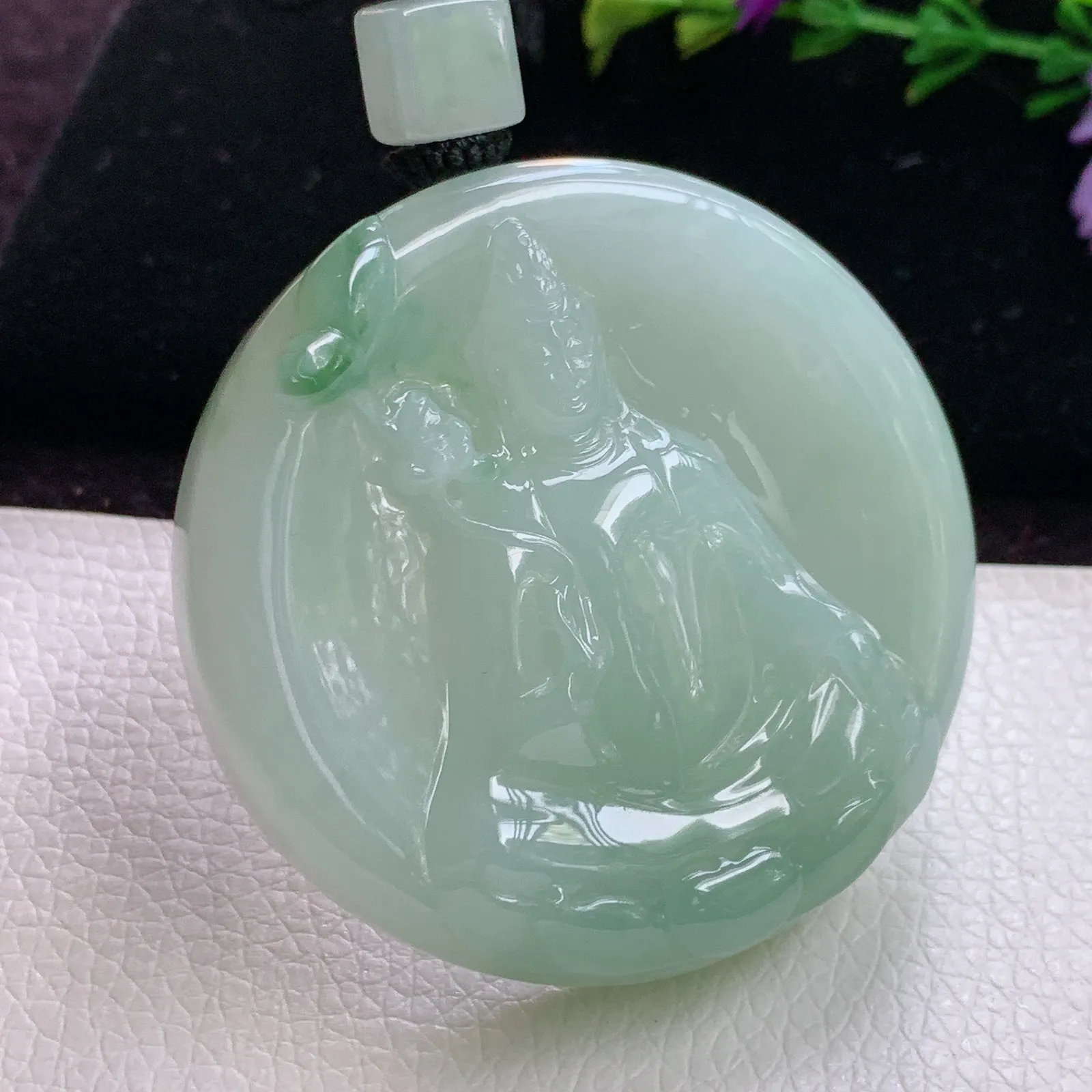 mut实拍49.8*12老坑精雕厚装持莲观音 玉观音玉吊坠 玉挂件