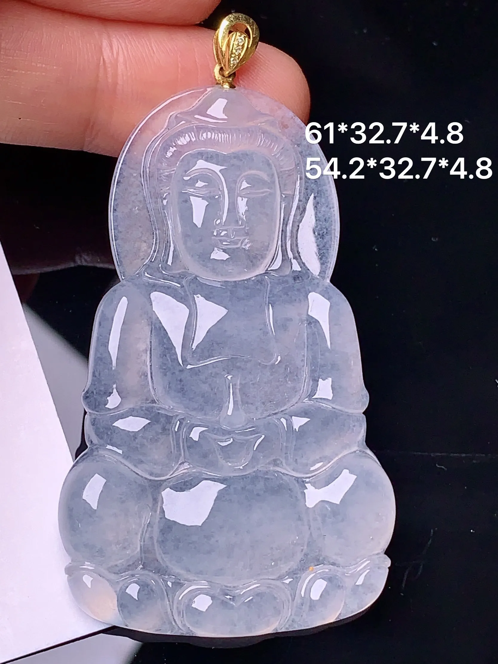 18k金镶嵌冰种观音吊坠 玉质细腻 色泽艳丽 整体尺寸61*32.7*4.8