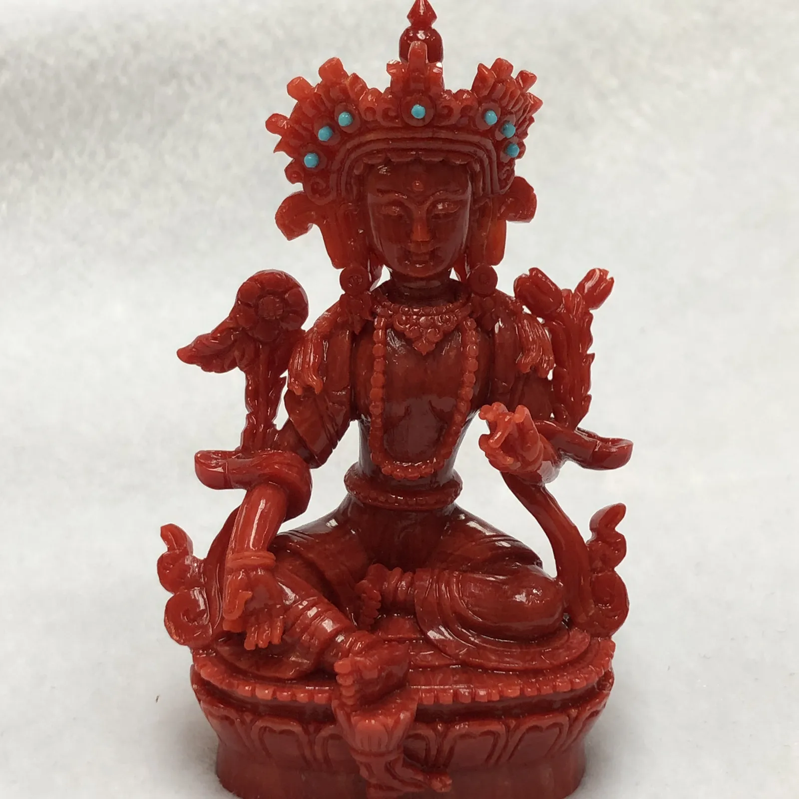 【天然红珊瑚拼接绿镀母小佛摆件】意大利产地，沙丁珊瑚料，深红颜色，釆用台湾拼接手工工艺，精雕细镂，底