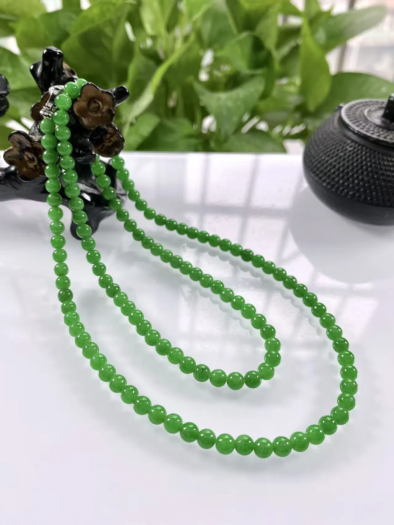 收藏级别，缅甸天然翡翠A货，卡5冰种起胶满绿浓阳绿圆珠项链手链，尺寸：5mm/126颗，长度610mm，重量：26.78g