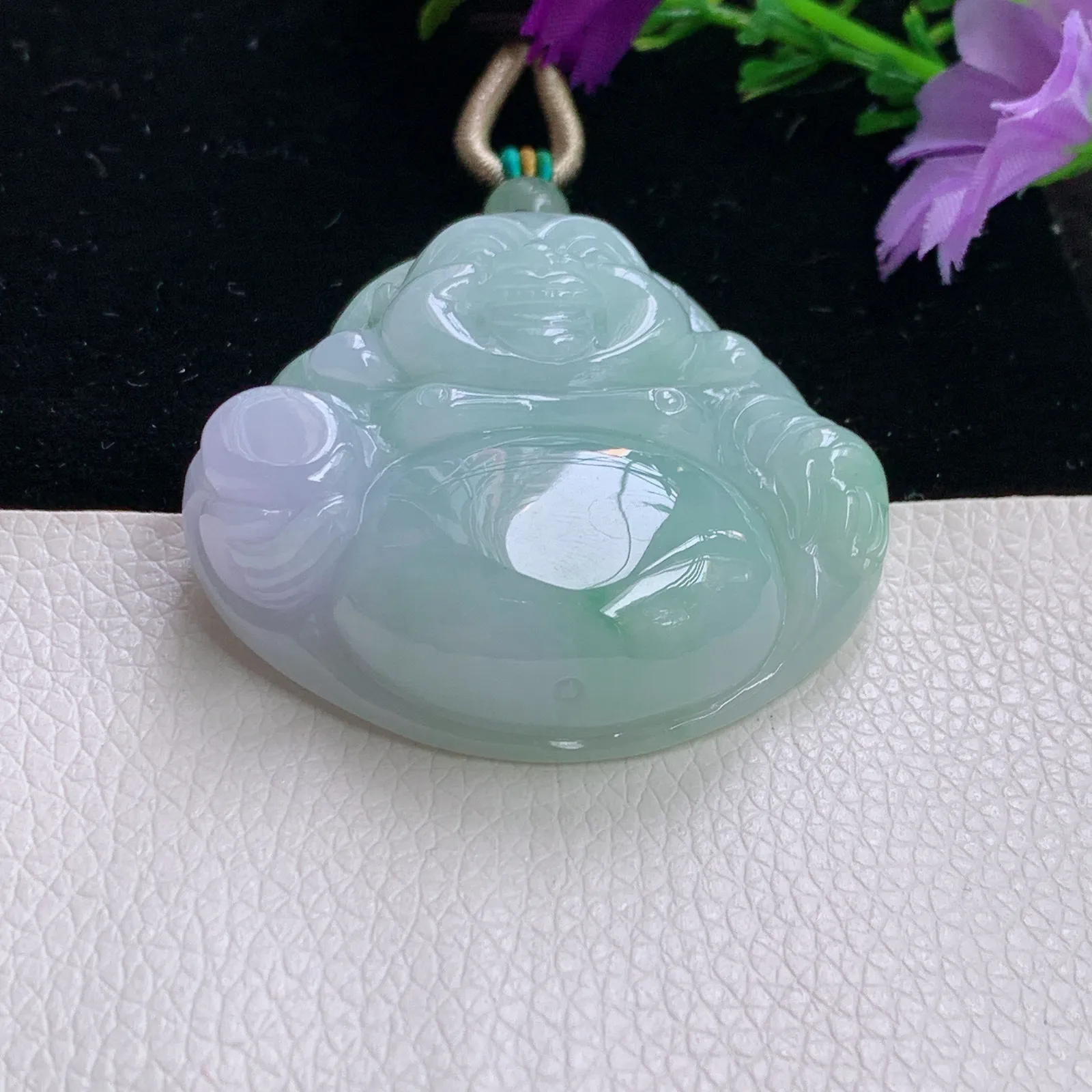 zen实拍45*47.5*12.6老坑精雕饱满春带彩淡雅翡翠佛公 开心佛玉吊坠