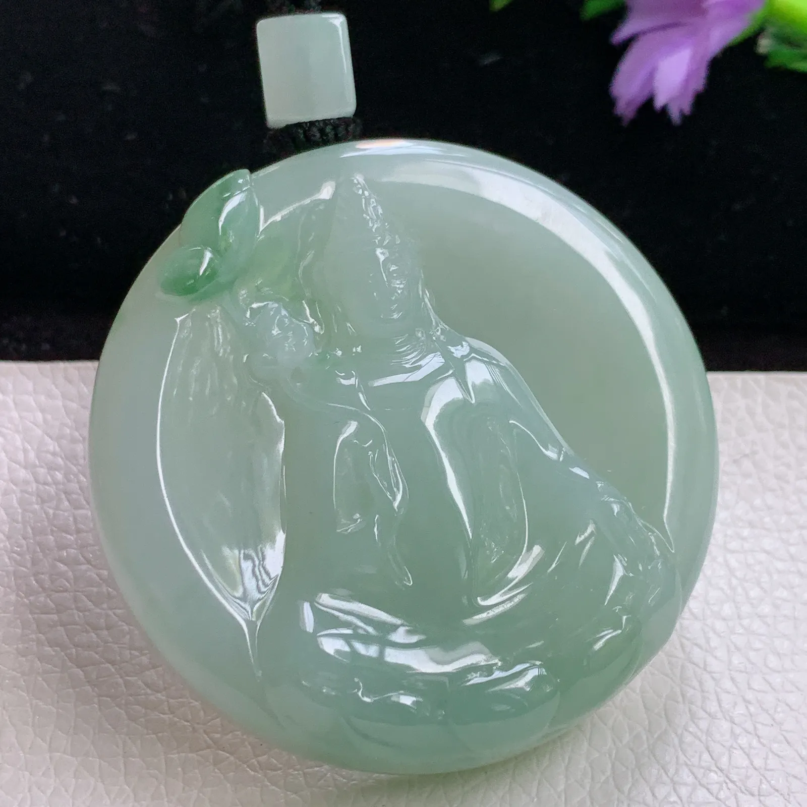 mut实拍49.8*12老坑精雕厚装持莲观音 玉观音玉吊坠 玉挂件
