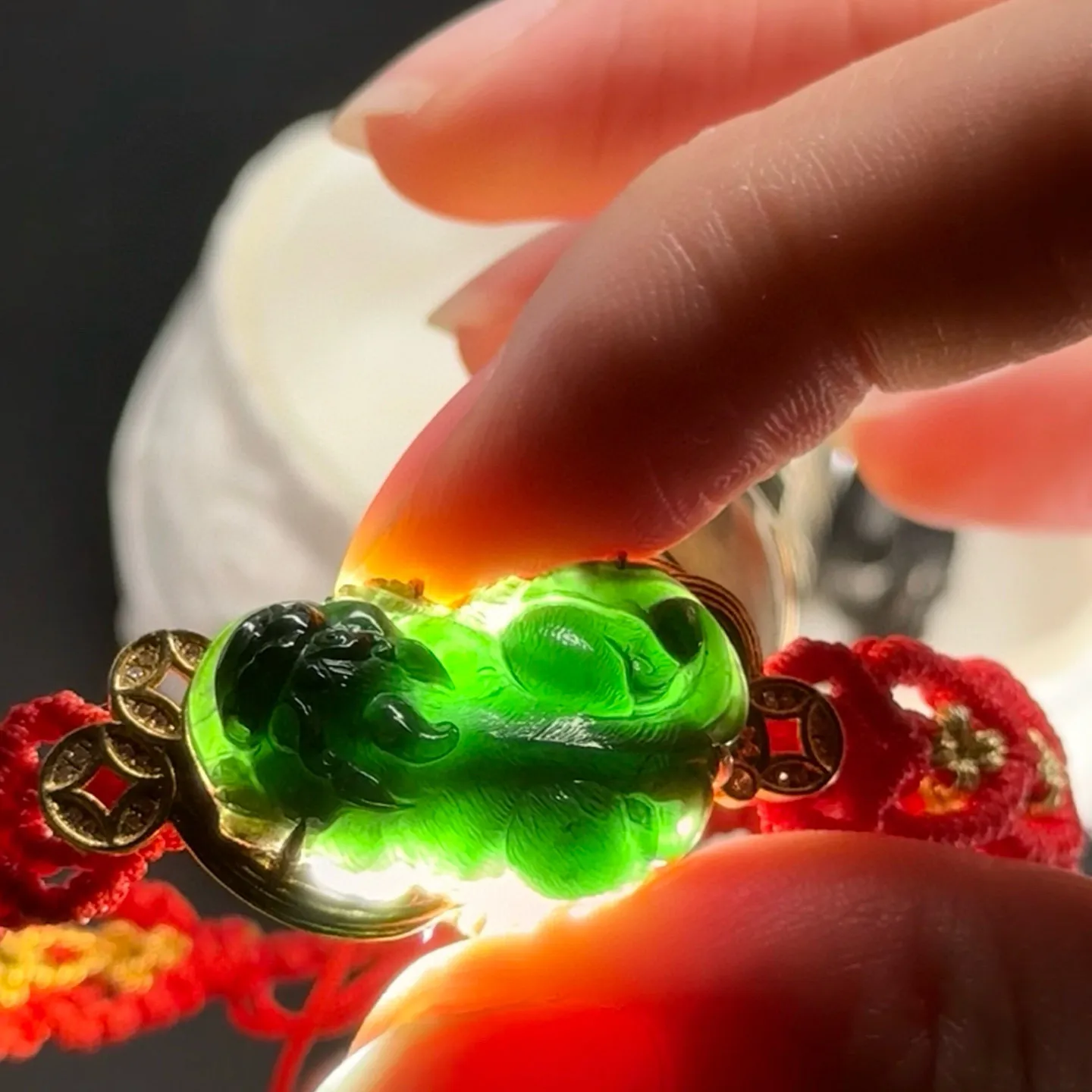 精品貔貅墨翠手环 18k金编绳 种好色正 黑度极好 打灯通透 油性十足