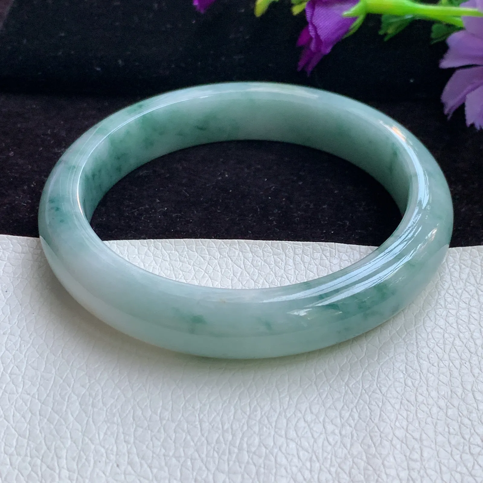 z实拍57*11.6*8平安镯 天然缅甸翡翠胶感飘花宽边玉镯子 玉手环