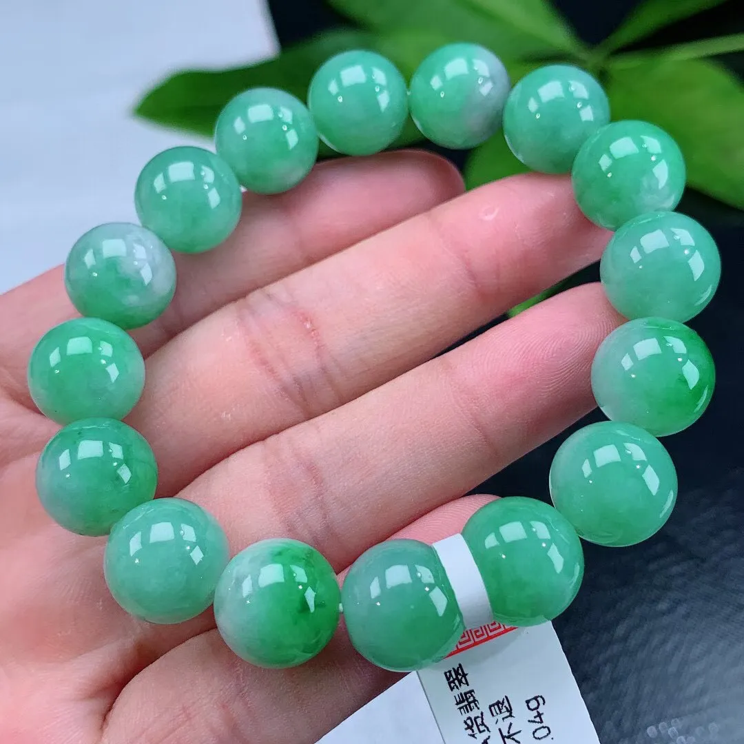 缅甸天然翡翠A货 老坑料起胶冰润 满绿圆珠手串  手链  
尺寸13mm  y 59.04