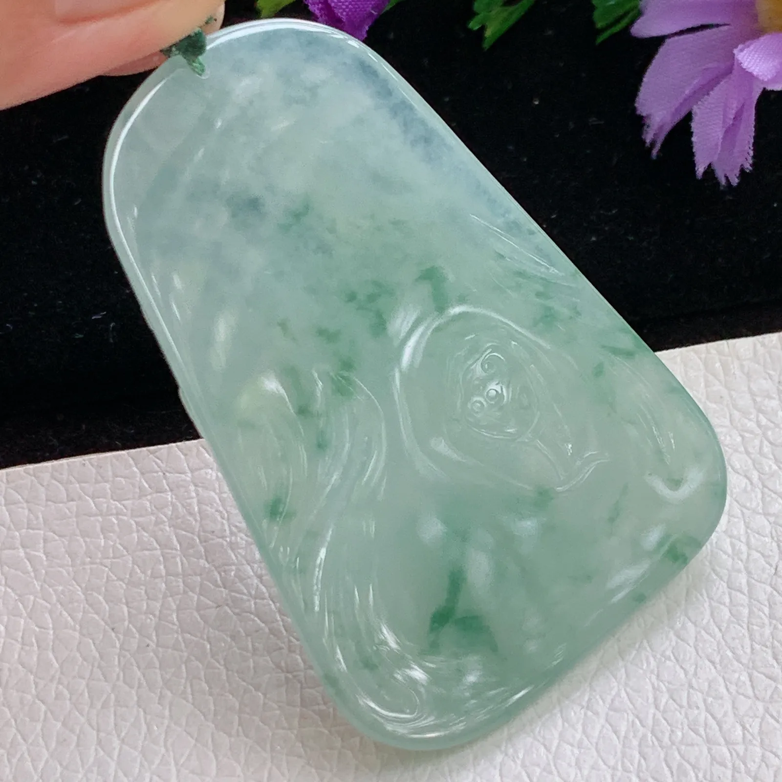 yn实拍53.6*36.6*5.5老坑精雕冰胶飘花普贤菩萨玉吊坠 玉挂件