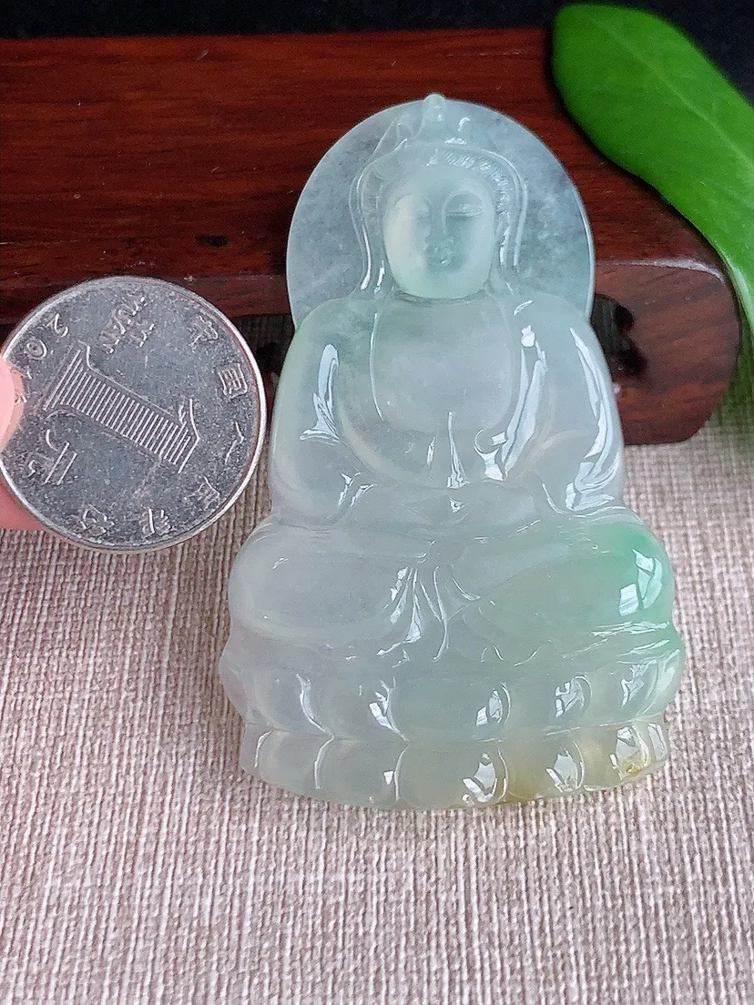 a货翡翠老坑冰种黄加绿双彩观音吊坠  尺寸65.5×40.4×5.6mm 重量27.65g 0708