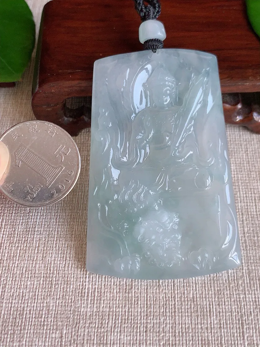 a货翡翠老坑冰种文殊菩萨吊坠 尺寸65.6×42.7×6mm 重量43.59g 0708